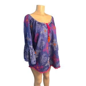 Women X One Size Lula Soul Blue Embroidered Printed Boho Blouse Shirt Top